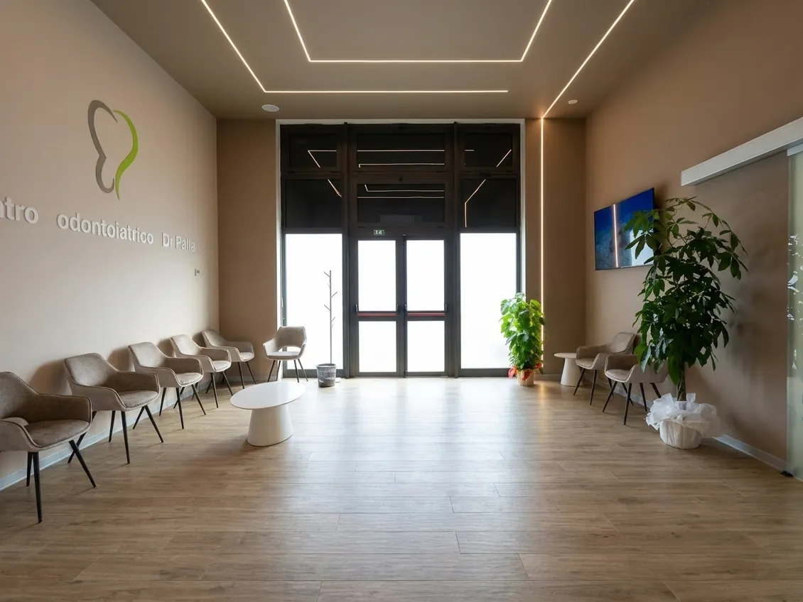 L'ingresso a vetrata e la sala d'attesa dello studio dentistico di Ghezzano, Pisa