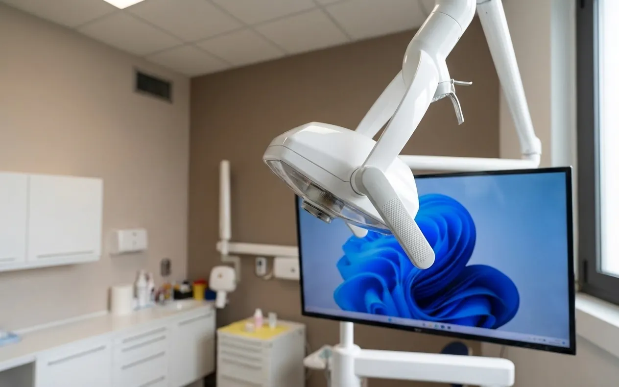 La lampada operativa e il monitor sopra il riunito, studio dentistico di Ghezzano, Pisa