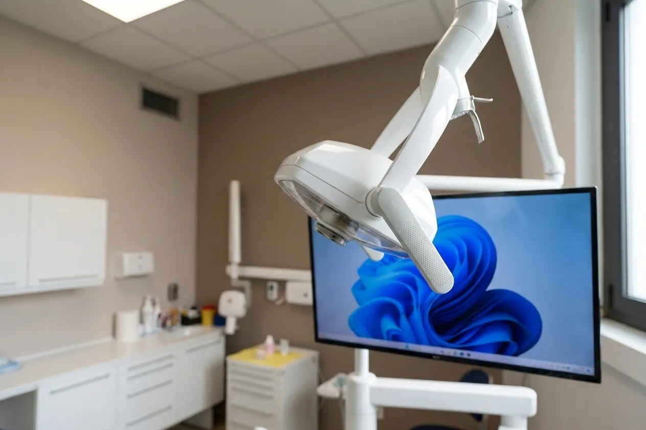 La lampada operativa e il monitor sopra il riunito, studio dentistico di Ghezzano, Pisa