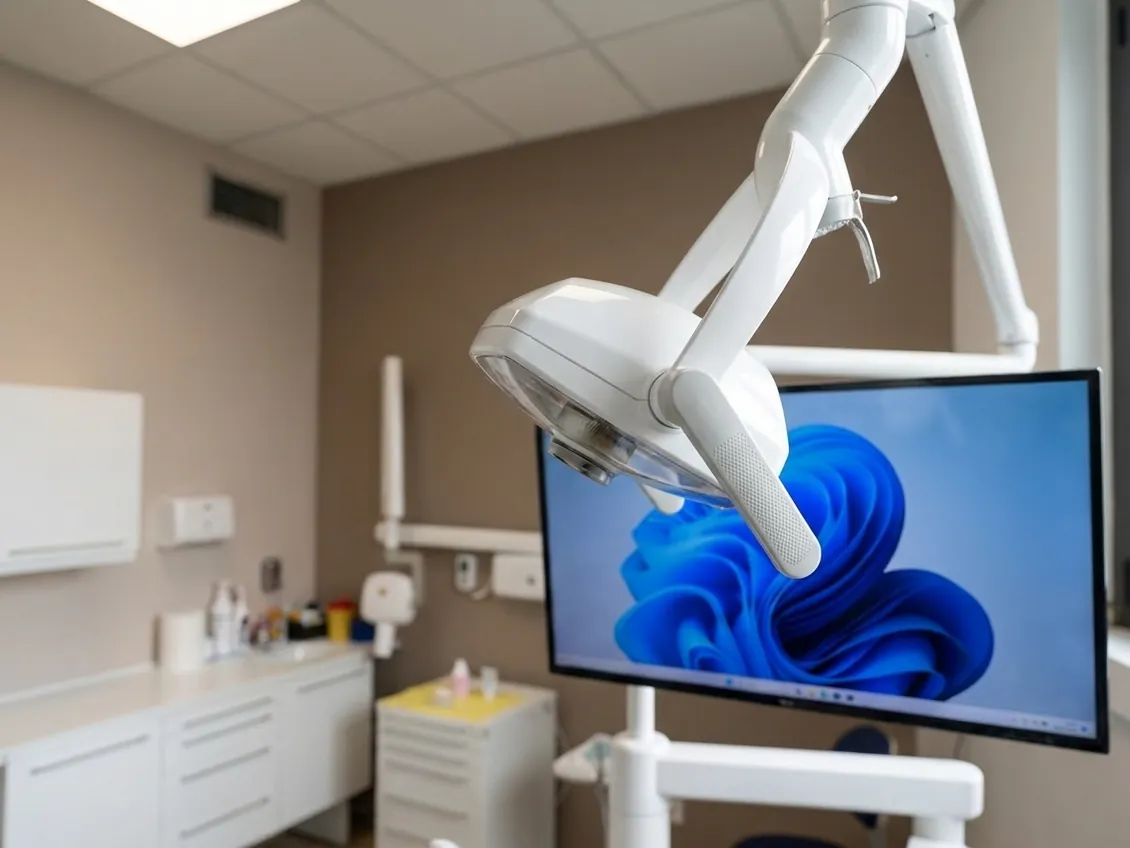 La lampada operativa e il monitor sopra il riunito, studio dentistico di Ghezzano, Pisa