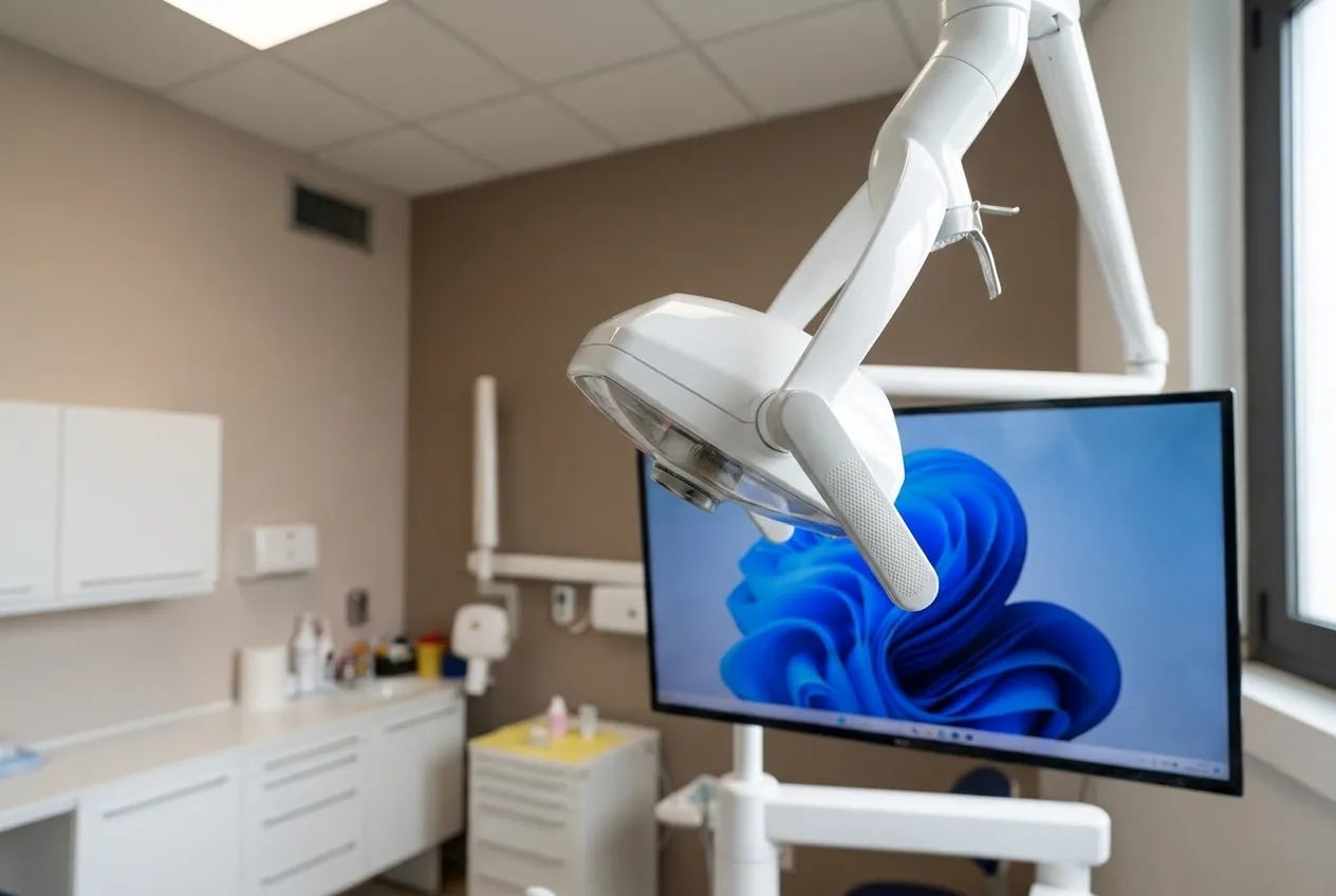 La lampada operativa e il monitor sopra il riunito, studio dentistico di Ghezzano, Pisa