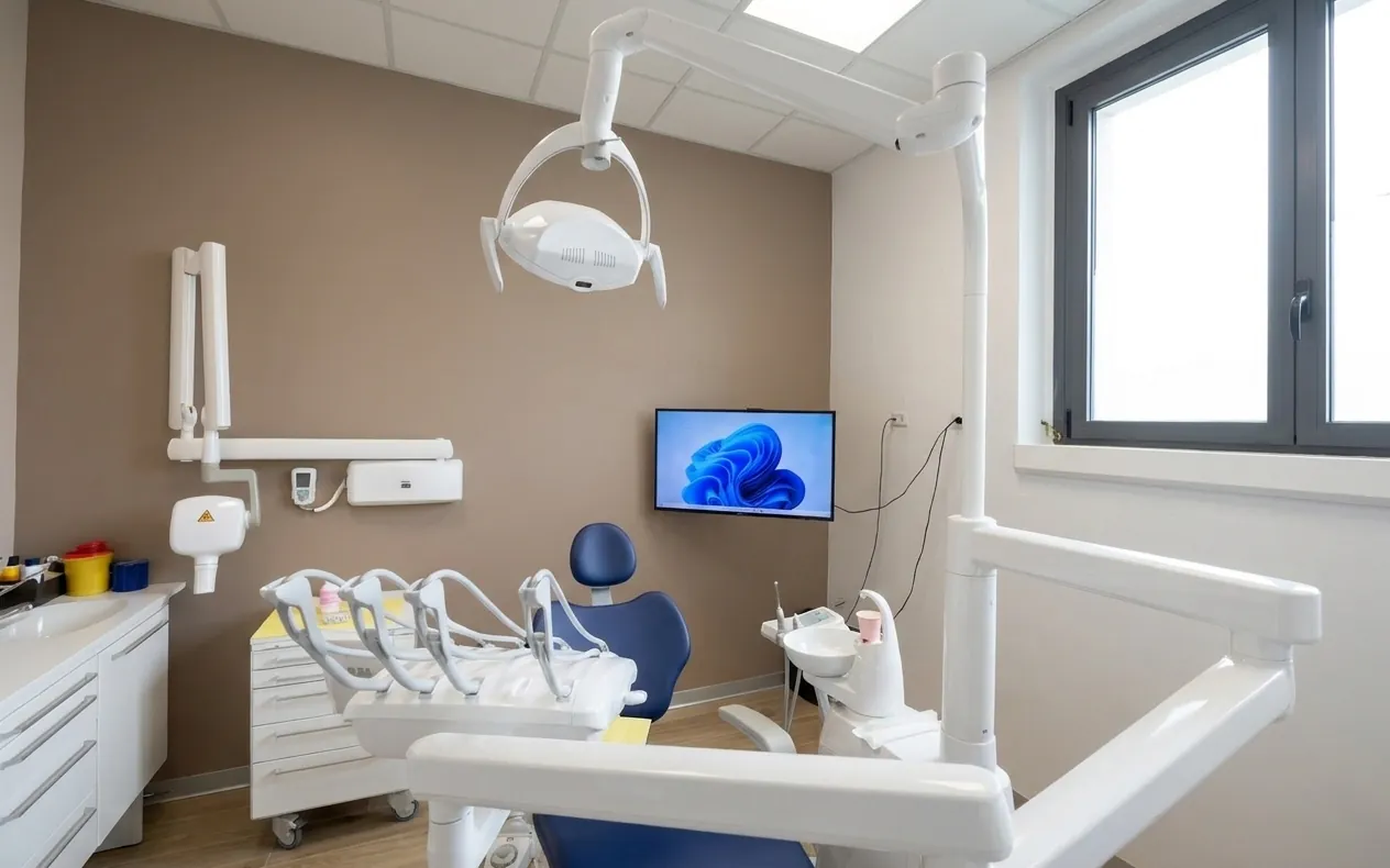 Il riunito e il monitor a parete di una sala operativa dello studio dentistico di Ghezzano