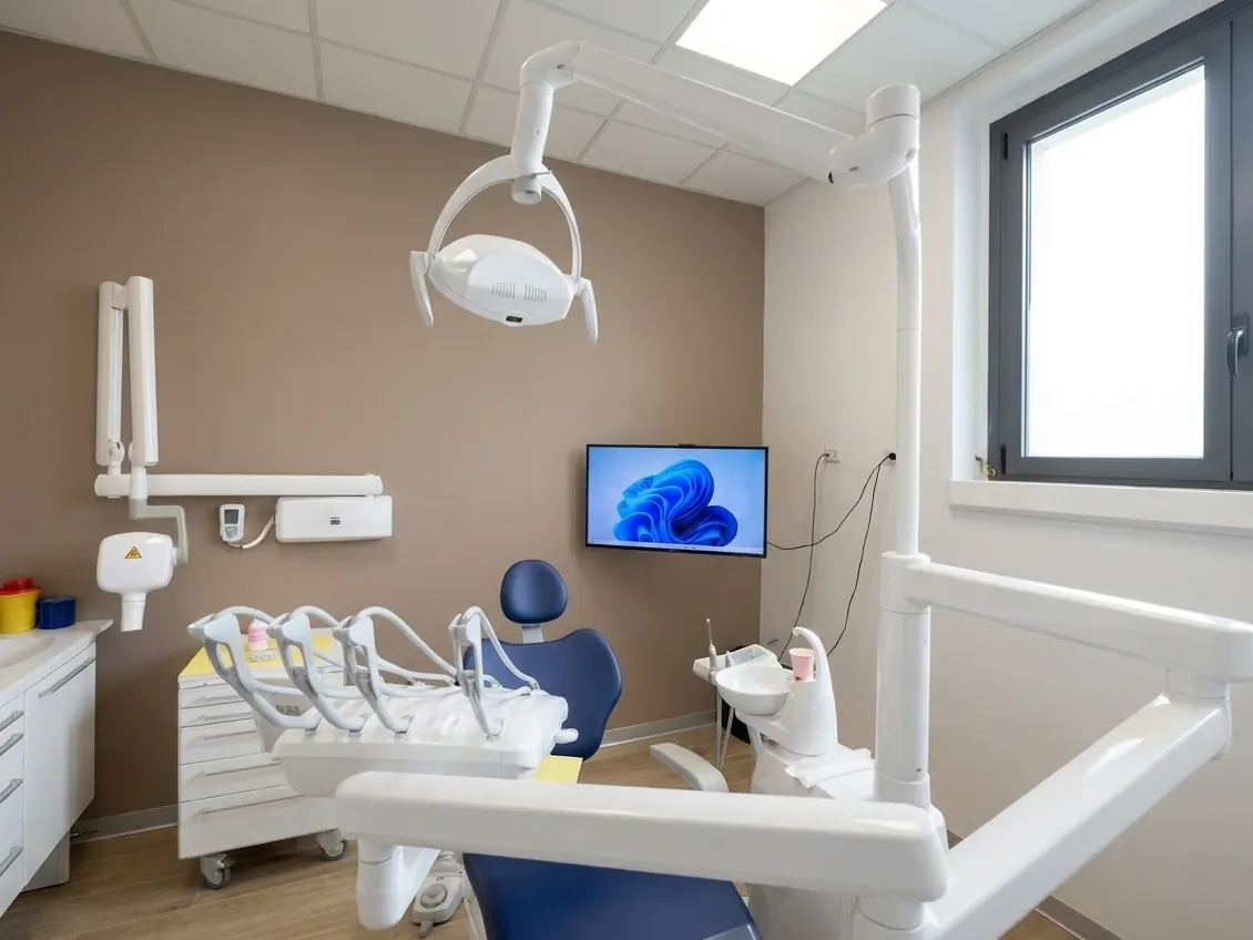 Il riunito e il monitor a parete di una sala operativa dello studio dentistico di Ghezzano