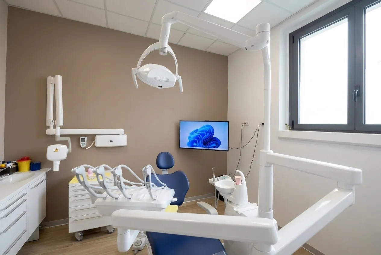 Il riunito e il monitor a parete di una sala operativa dello studio dentistico di Ghezzano