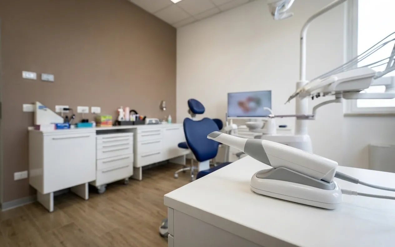 Lo scanner intraorale per l'impronta digitale accanto al riunito, studio dentistico di Ghezzano, Pisa