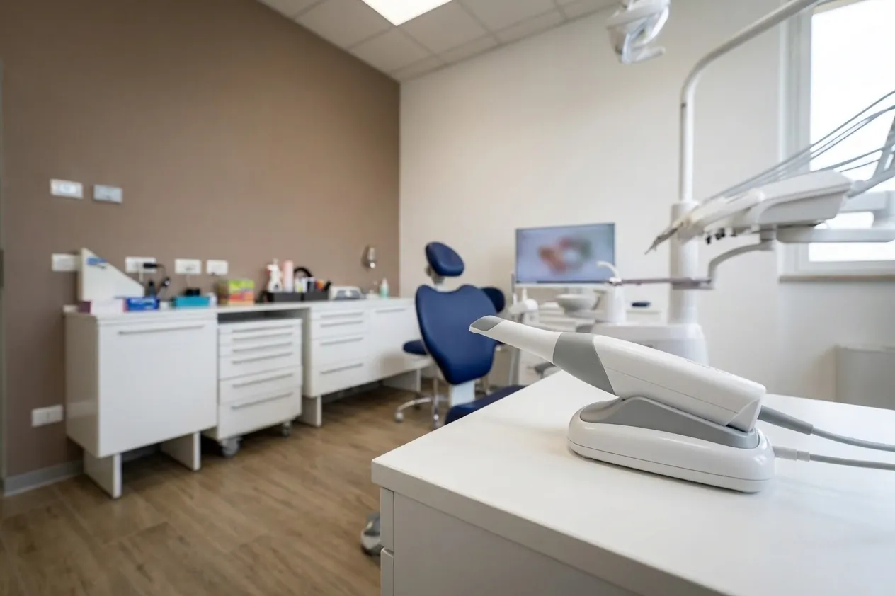 Lo scanner intraorale per l'impronta digitale accanto al riunito, studio dentistico di Ghezzano, Pisa
