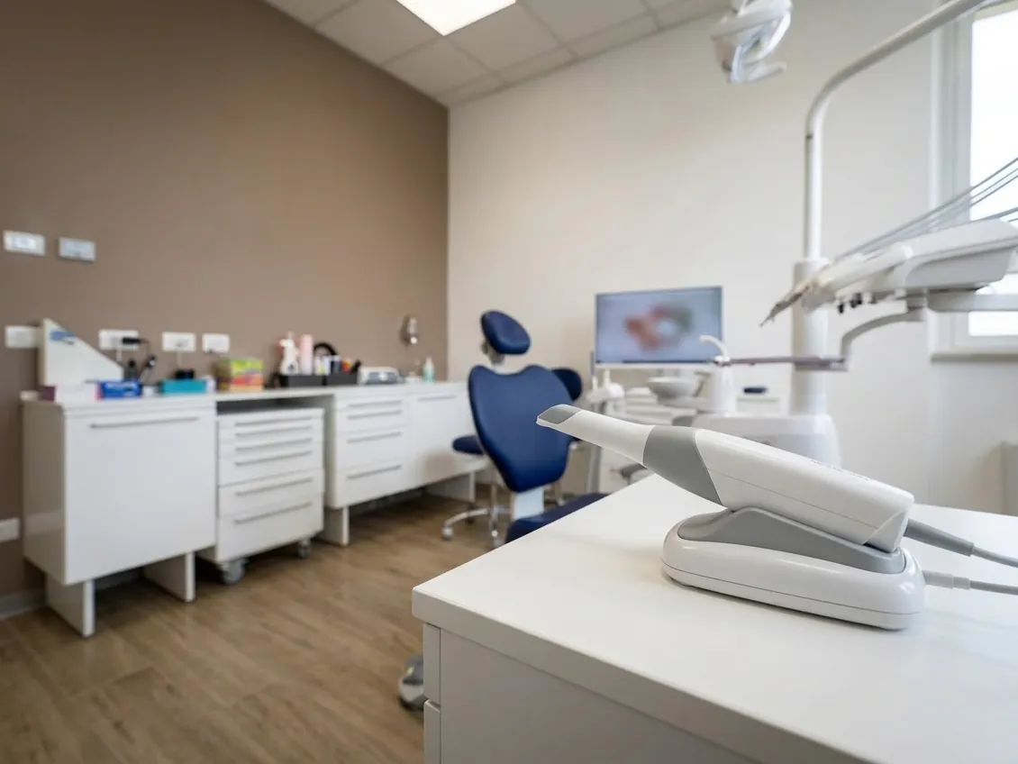 Lo scanner intraorale per l'impronta digitale accanto al riunito, studio dentistico di Ghezzano, Pisa