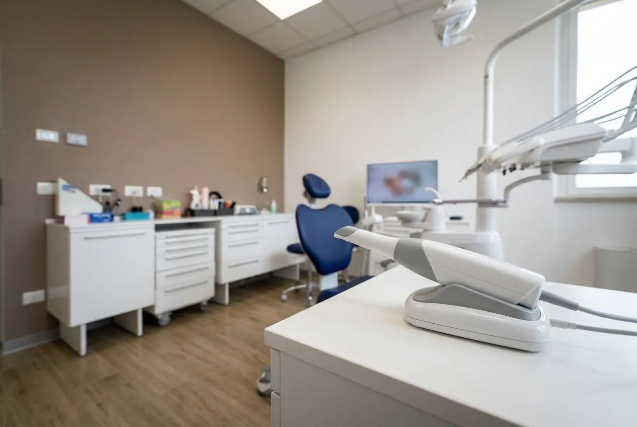 Lo scanner intraorale per l'impronta digitale accanto al riunito, studio dentistico di Ghezzano, Pisa