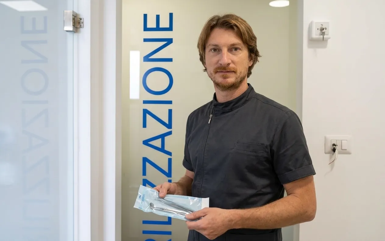 Il Dott. Edoardo Palla davanti alla sala di sterilizzazione con una busta sigillata di strumenti