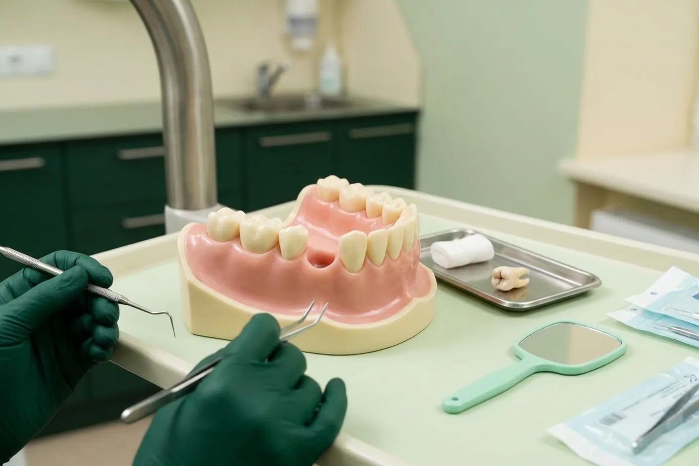 Render clinico dell'estrazione: l'alveolo vuoto e il dente estratto
