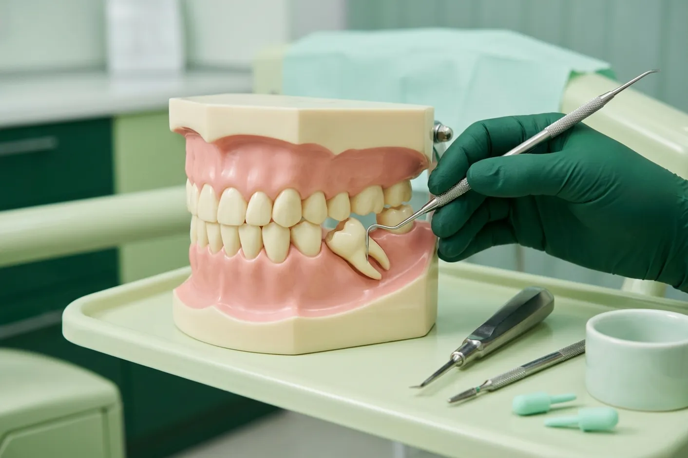 Render clinico del dente del giudizio incluso, inclinato sotto la gengiva