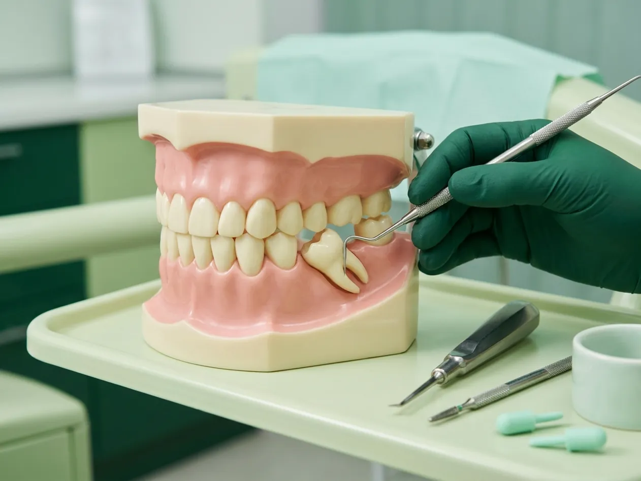 Render clinico del dente del giudizio incluso, inclinato sotto la gengiva