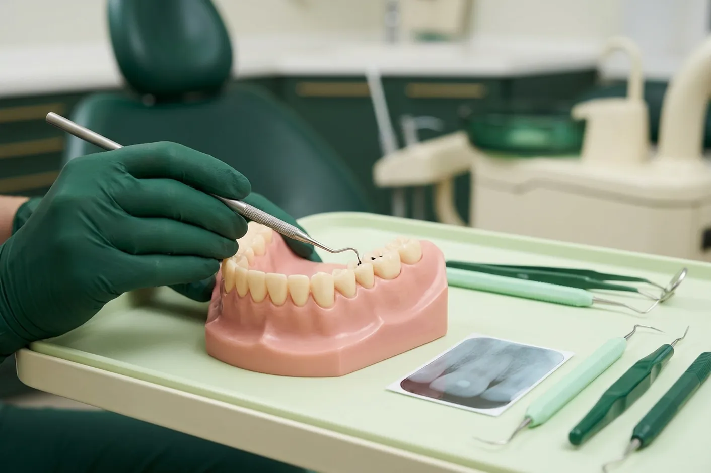 Render clinico della diagnosi della carie: la sonda sul solco e la piccola radiografia