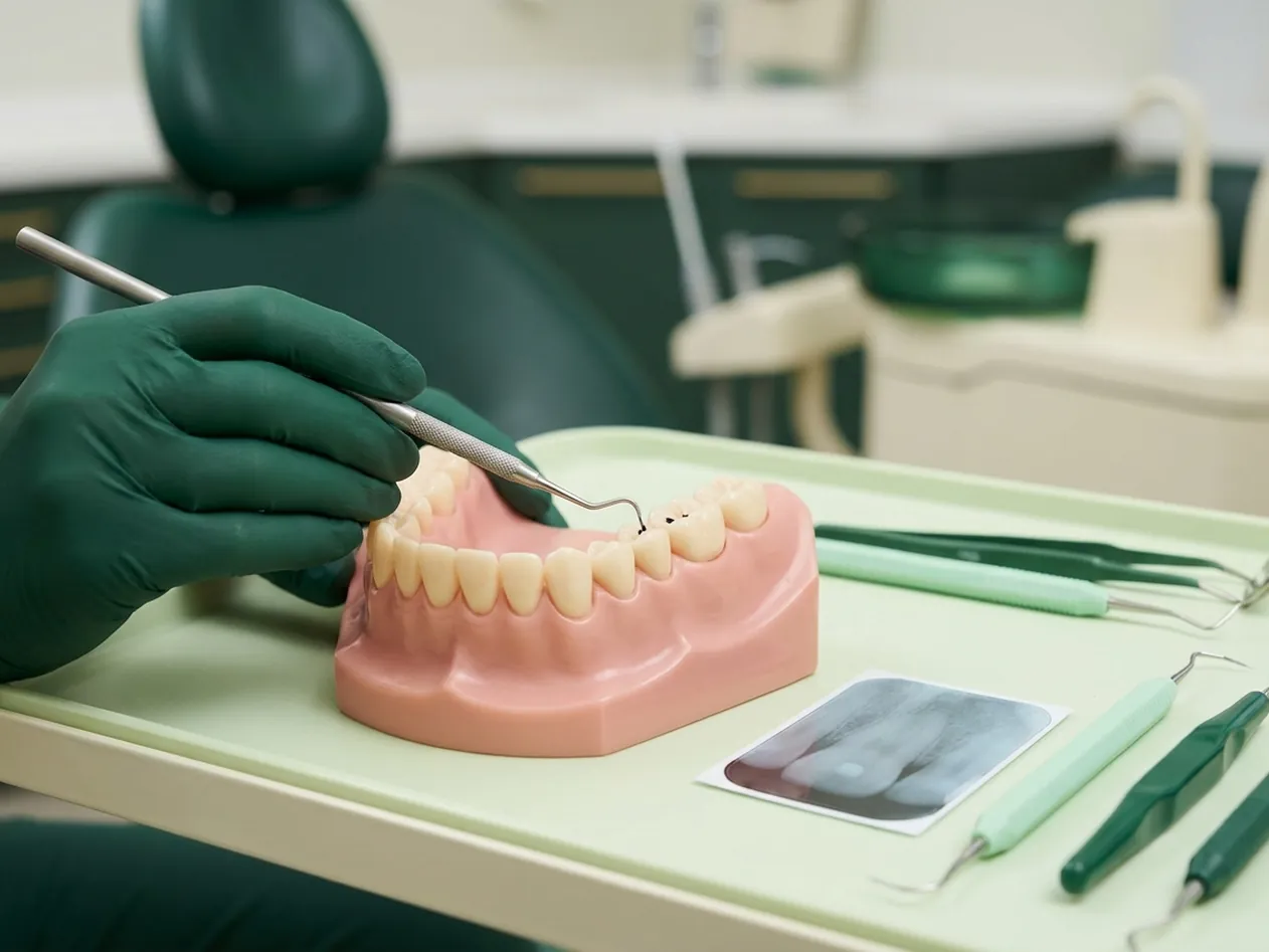 Render clinico della diagnosi della carie: la sonda sul solco e la piccola radiografia