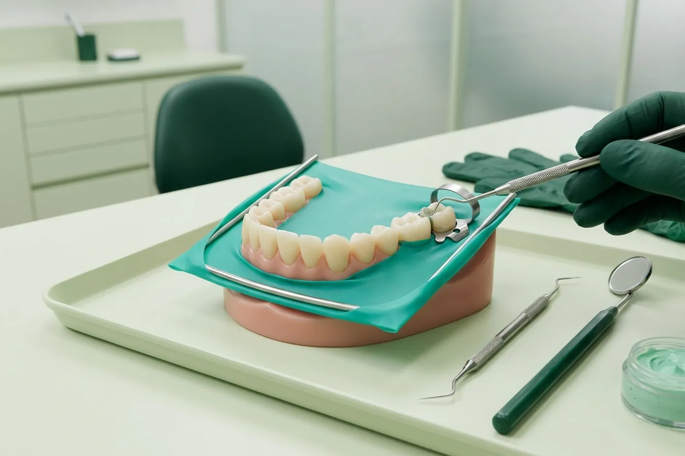 Render clinico della diga di gomma: il dente isolato dal foglio teal