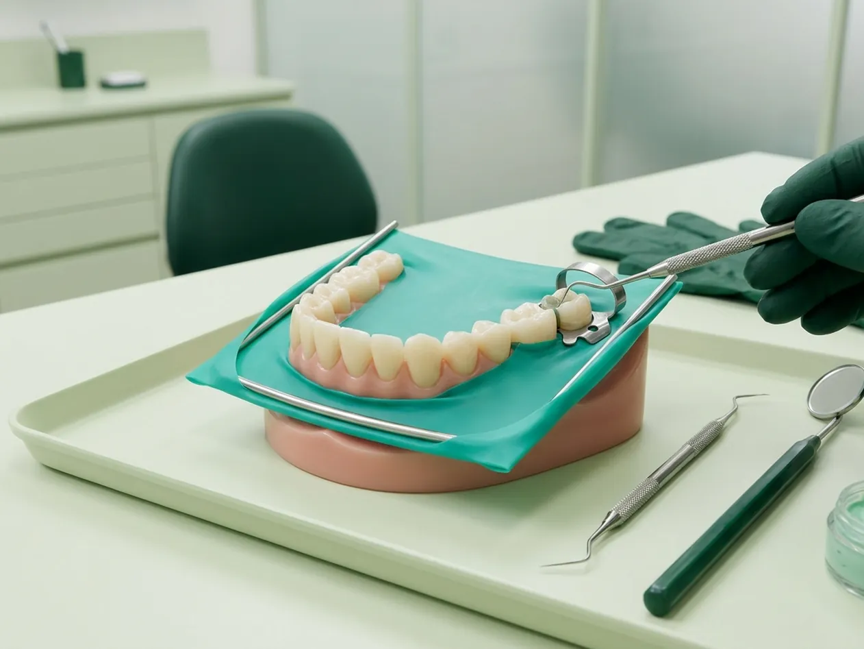 Render clinico della diga di gomma: il dente isolato dal foglio teal
