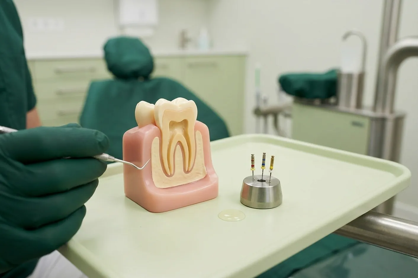 Render clinico dei canali puliti e degli strumenti endodontici