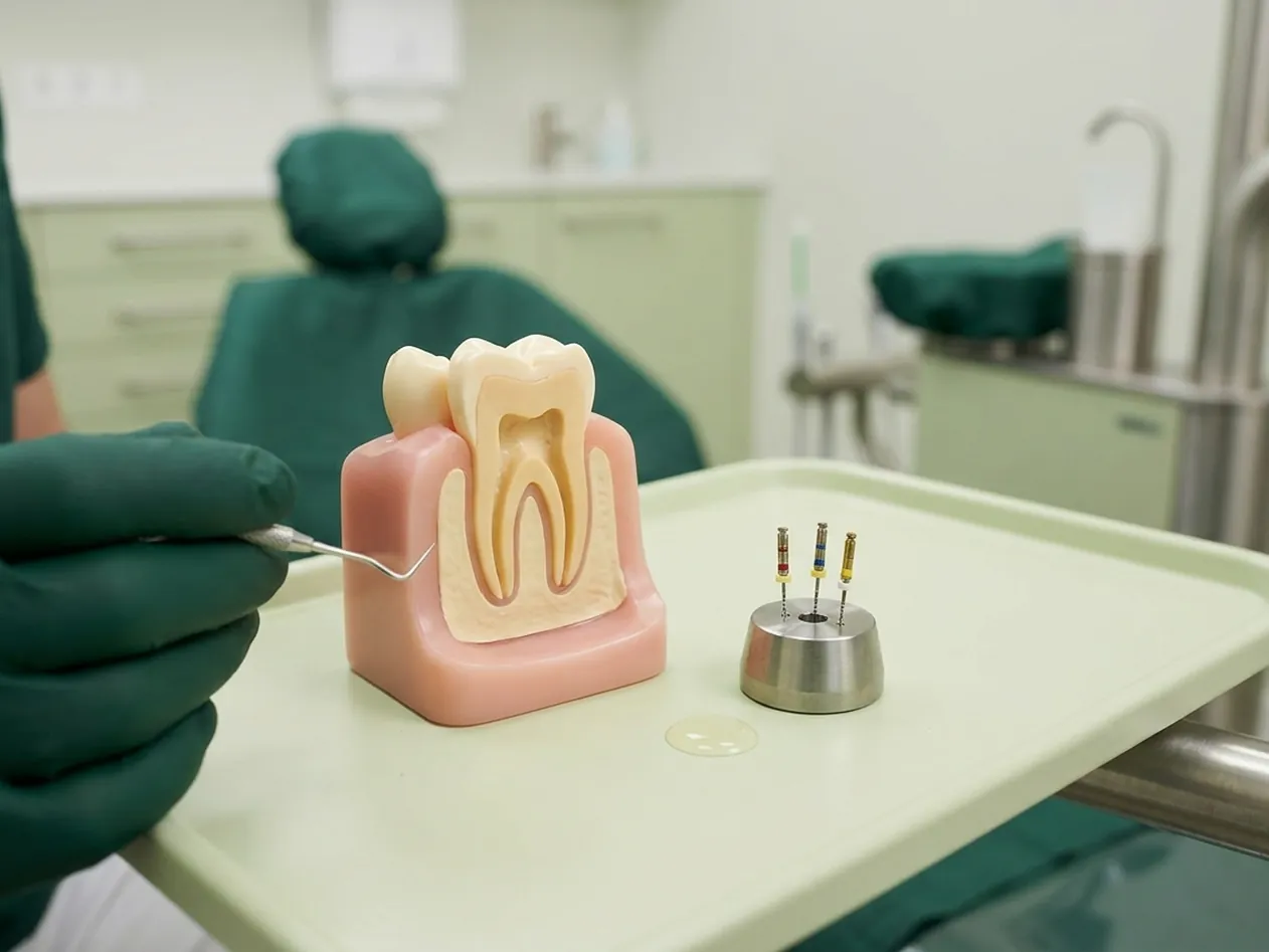 Render clinico dei canali puliti e degli strumenti endodontici