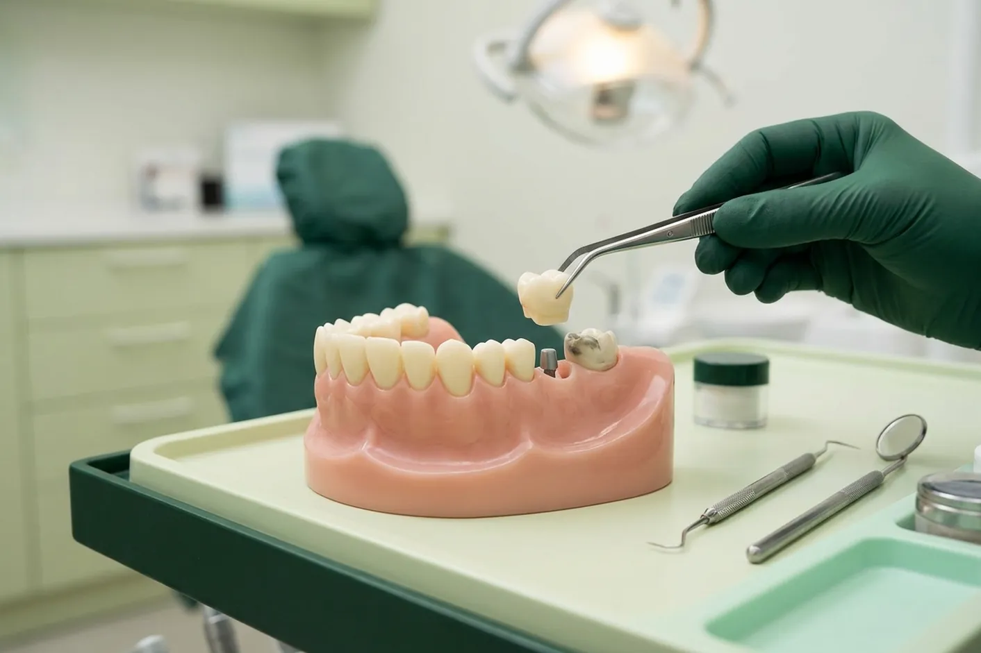 Render clinico del dente devitalizzato con perno e corona