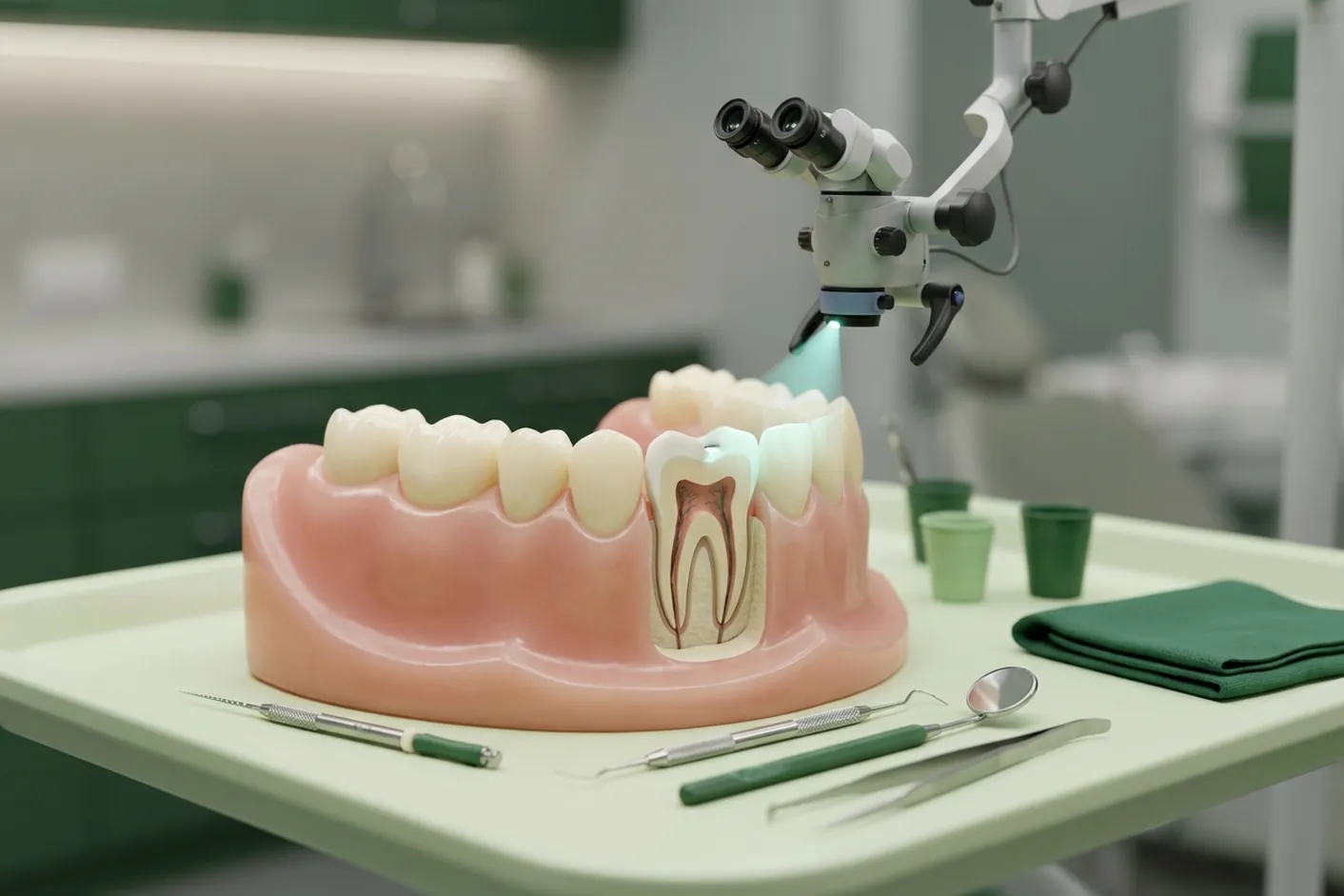 Render clinico del microscopio operatorio sopra il dente aperto