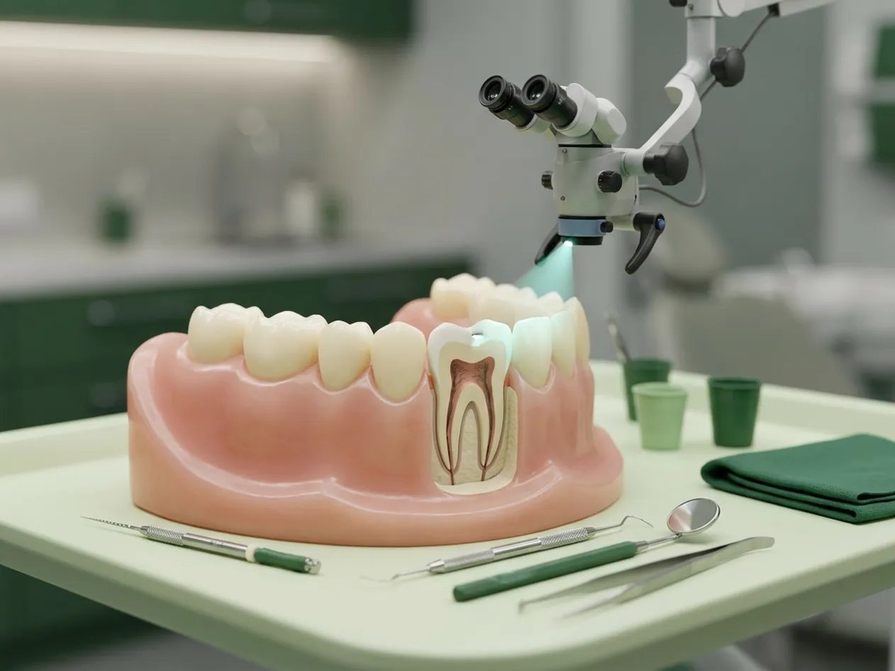 Render clinico del microscopio operatorio sopra il dente aperto