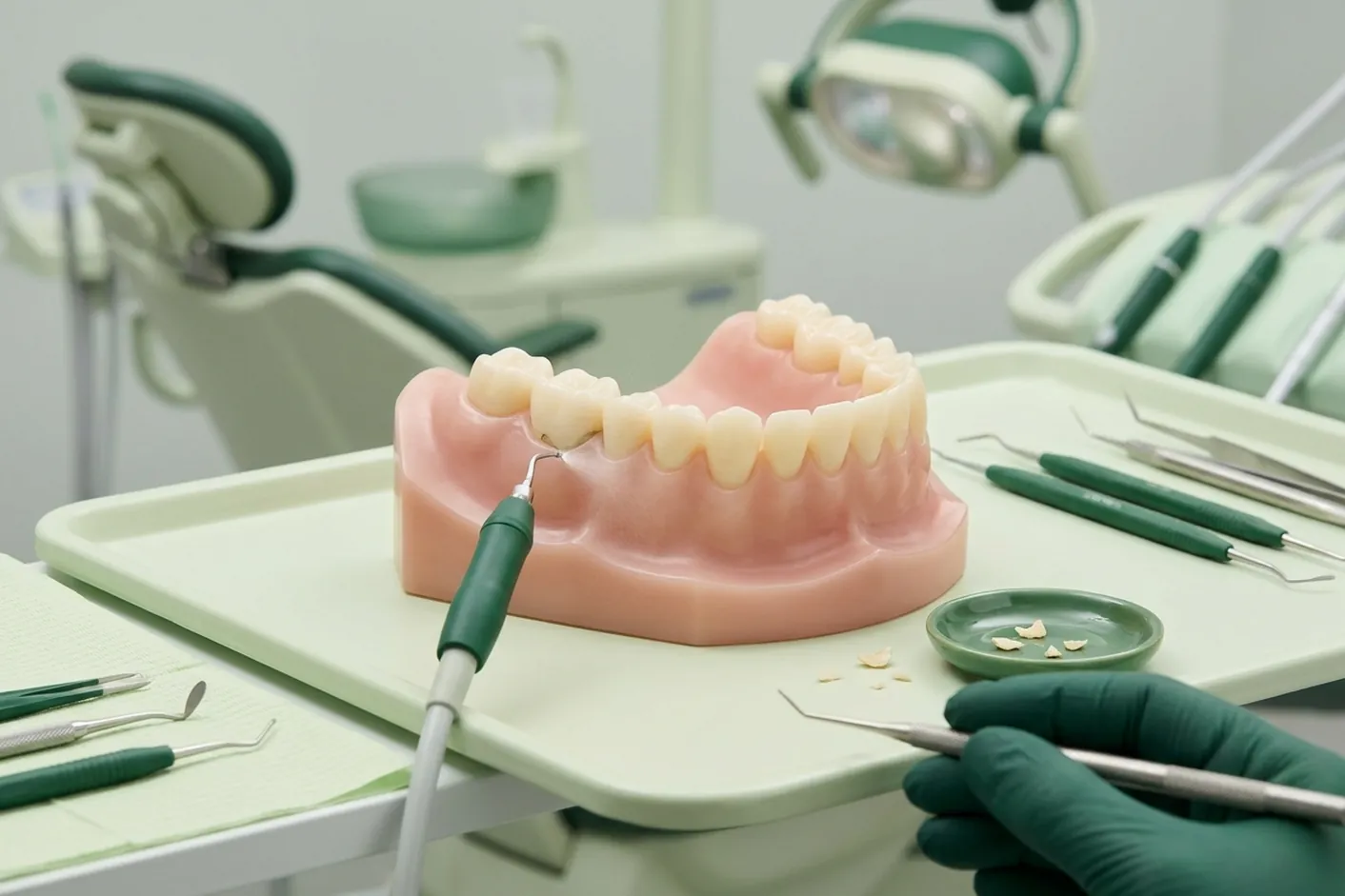 Render clinico della seduta di igiene: la punta a ultrasuoni e il tartaro rimosso