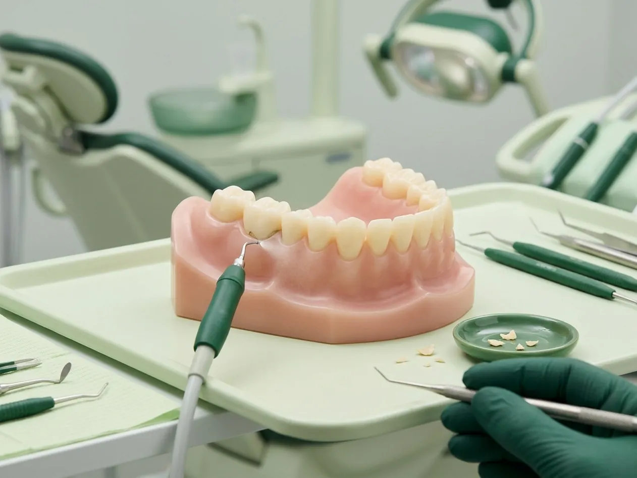 Render clinico della seduta di igiene: la punta a ultrasuoni e il tartaro rimosso