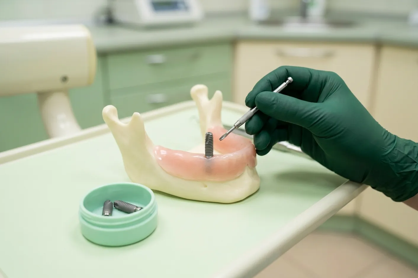 Render clinico dell'intervento implantare: la vite in titanio nell'osso e il cacciavite chirurgico