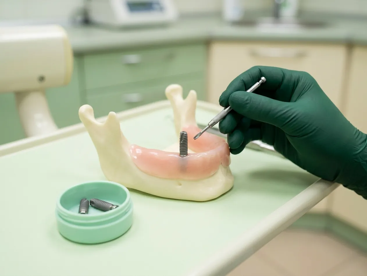Render clinico dell'intervento implantare: la vite in titanio nell'osso e il cacciavite chirurgico