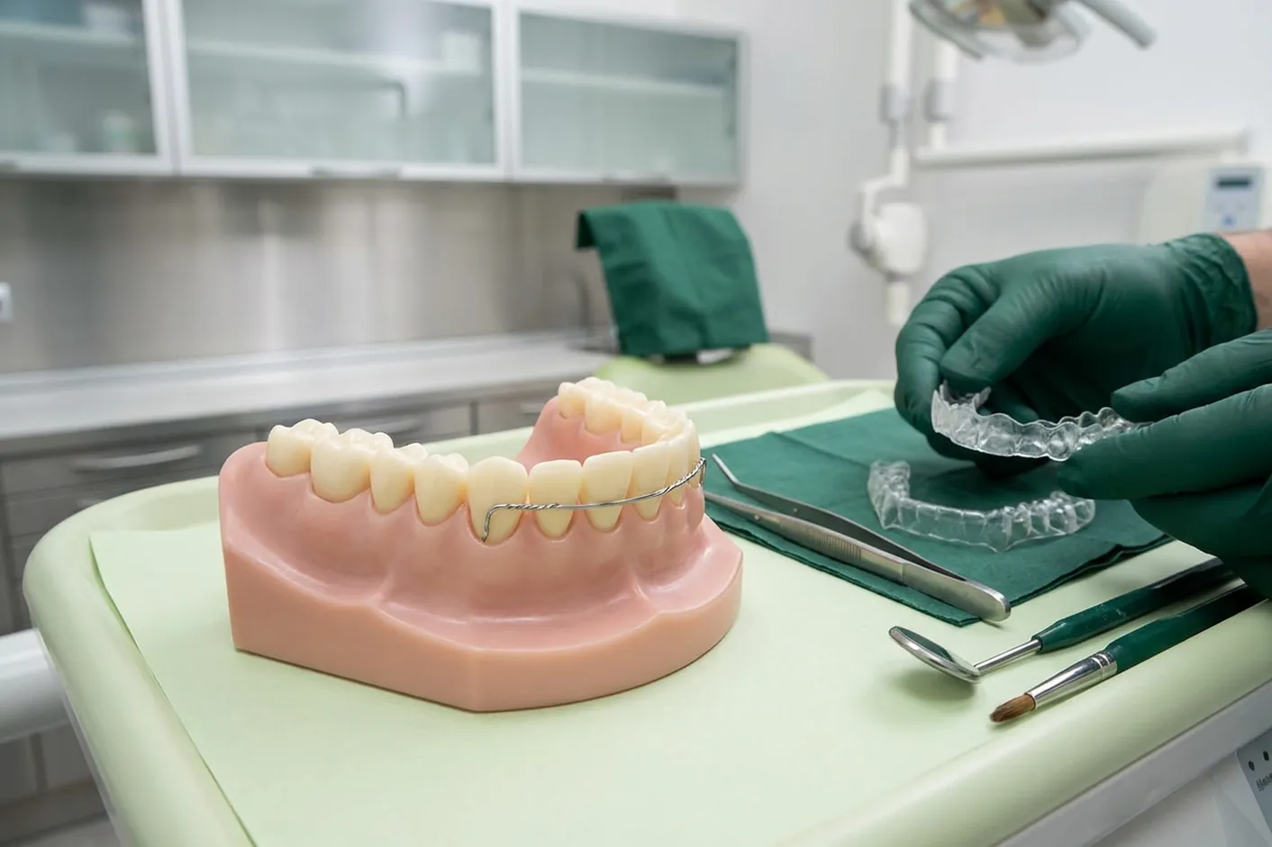 Render clinico della contenzione: il filo dietro gli incisivi e la mascherina