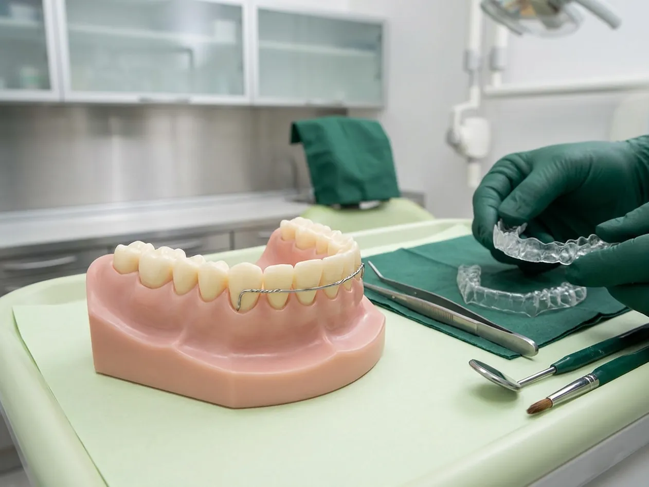 Render clinico della contenzione: il filo dietro gli incisivi e la mascherina