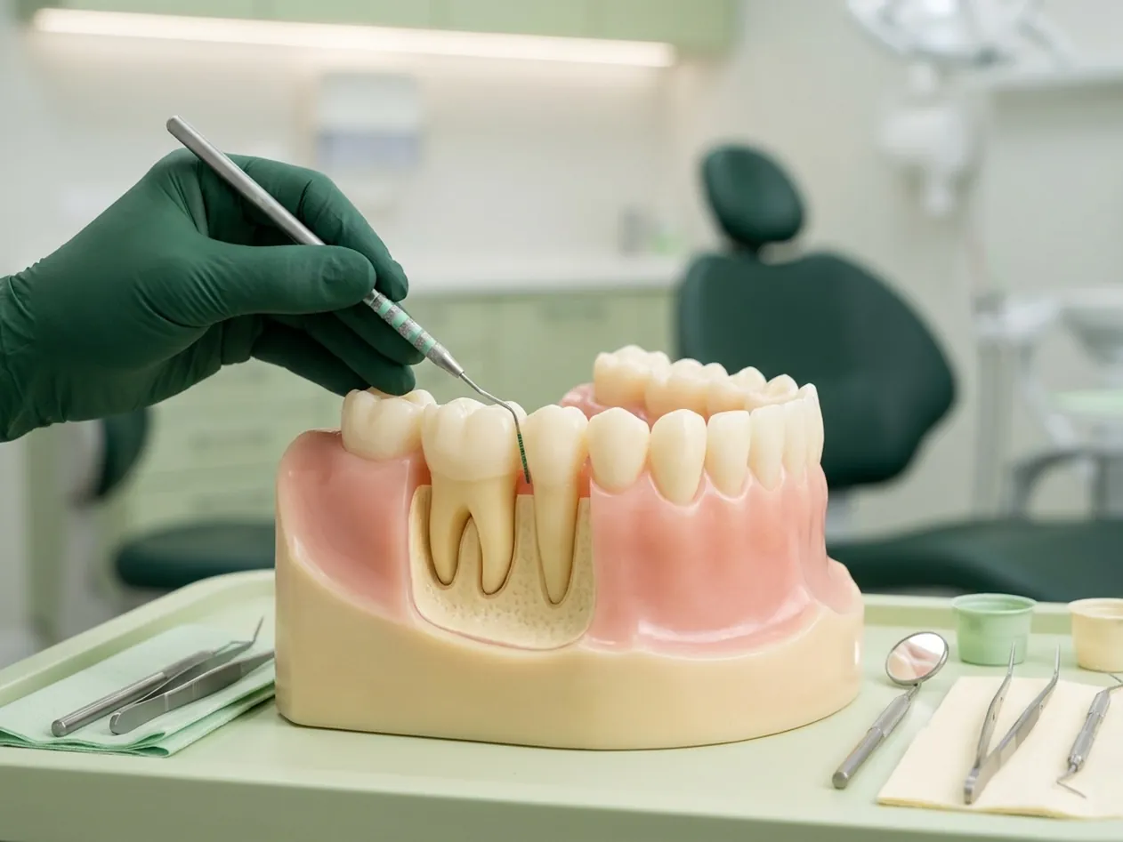 Render clinico del sondaggio parodontale: la sonda nella tasca e il livello dell'osso