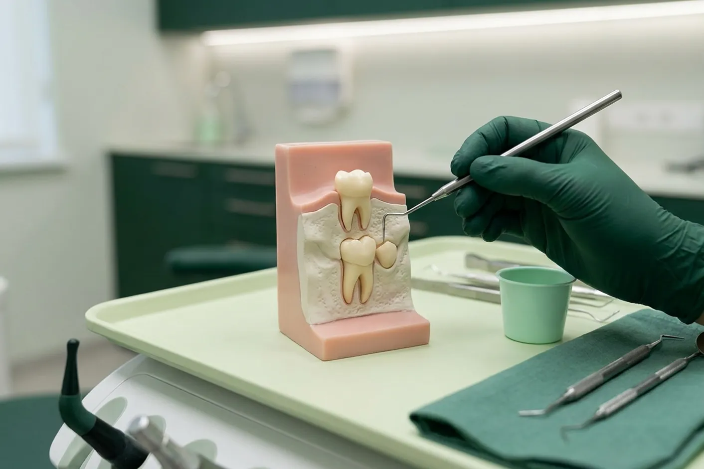Render clinico del dente da latte con il permanente che cresce sotto