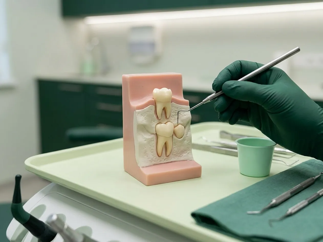 Render clinico del dente da latte con il permanente che cresce sotto