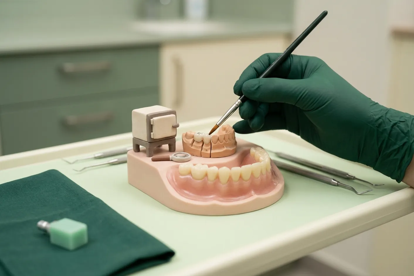 Render clinico del laboratorio odontotecnico: il modello, la corona, il fornetto