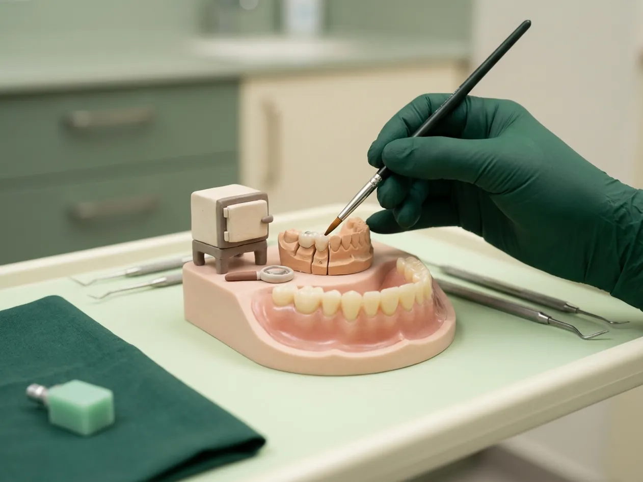 Render clinico del laboratorio odontotecnico: il modello, la corona, il fornetto