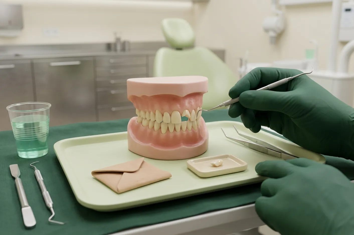 Render clinico del dente scheggiato con il frammento conservato