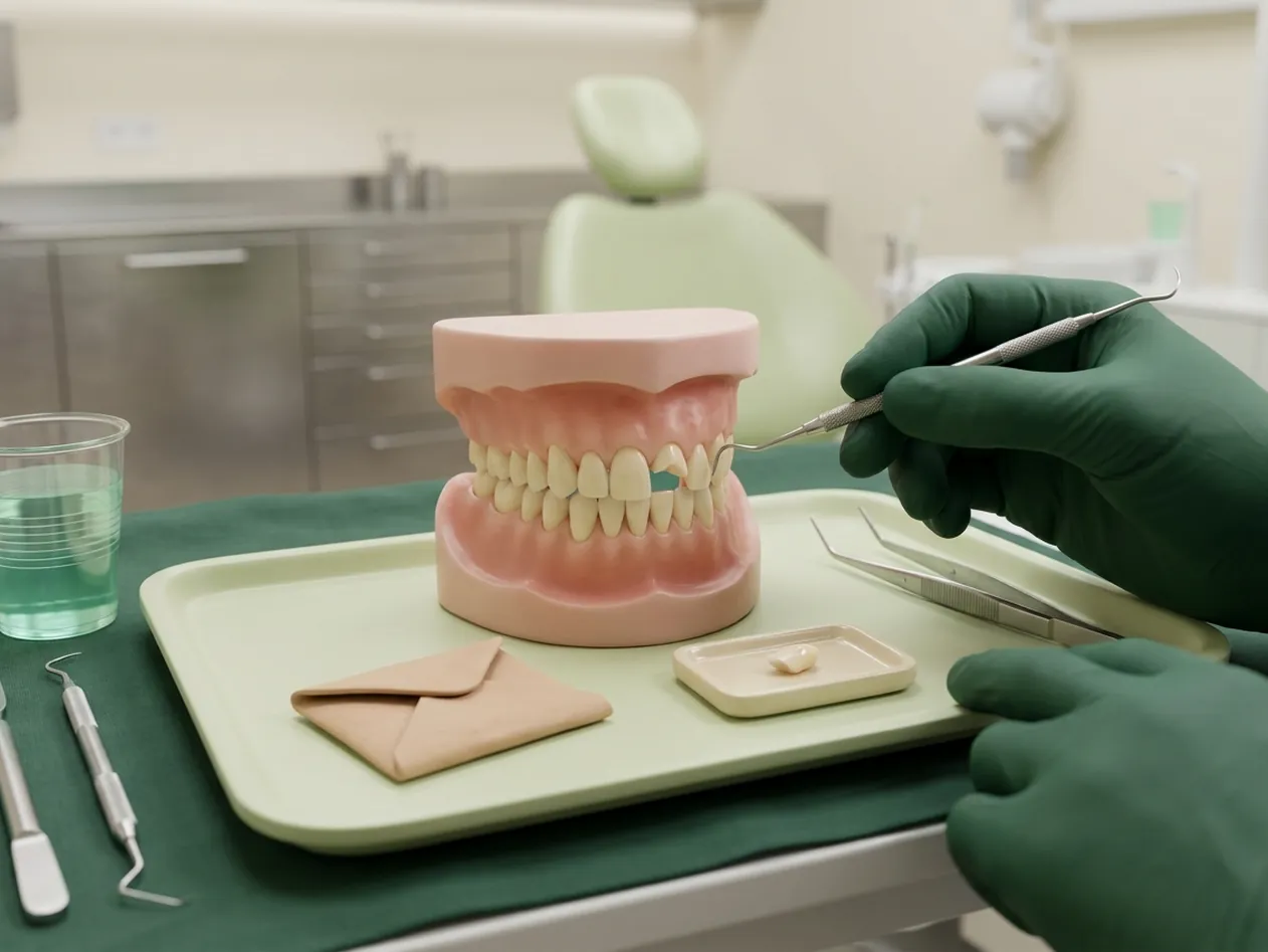 Render clinico del dente scheggiato con il frammento conservato