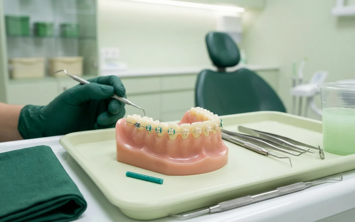 Render clinico dell'apparecchio fisso: le placchette su ogni dente unite dal filo