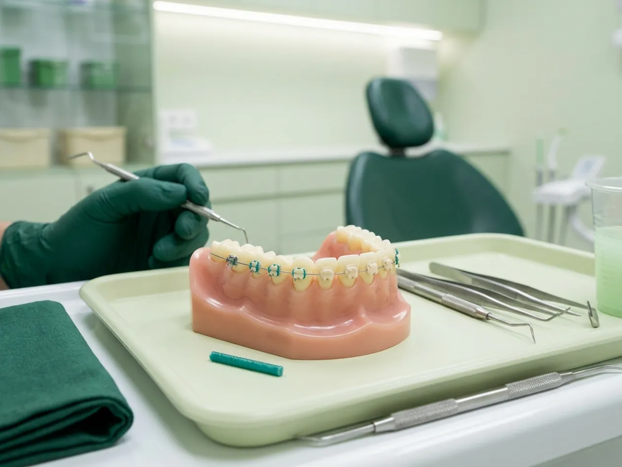 Render clinico dell'apparecchio fisso: le placchette su ogni dente unite dal filo