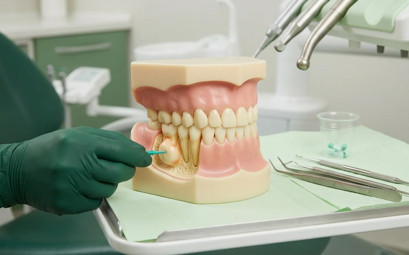 Render clinico dell'ascesso dentale: il rigonfiamento alla gengiva vicino alla radice e lo strumento per il drenaggio