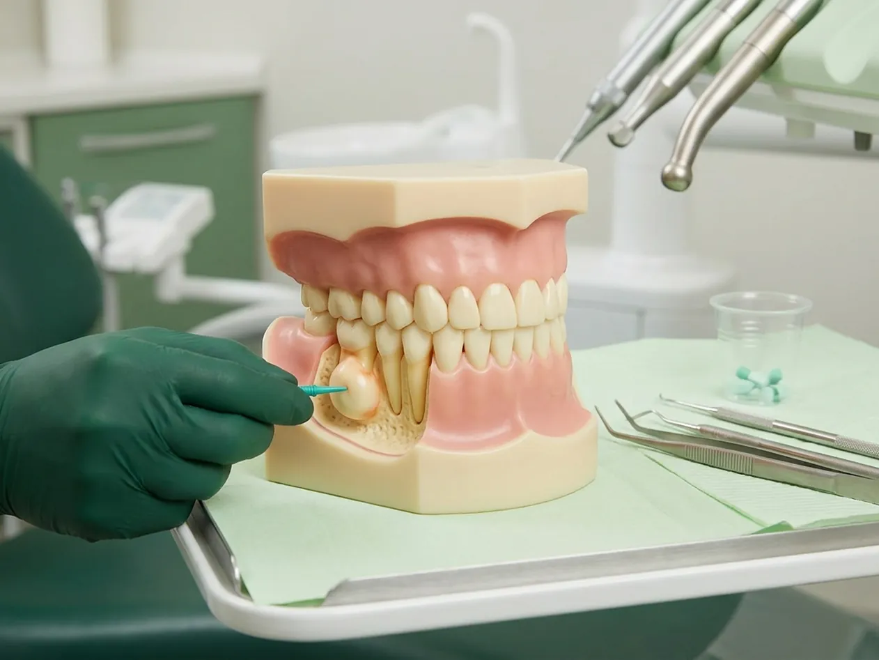 Render clinico dell'ascesso dentale: il rigonfiamento alla gengiva vicino alla radice e lo strumento per il drenaggio