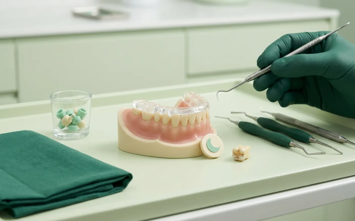 Render clinico del bite per il bruxismo: la placca sull'arcata superiore e il molare consumato