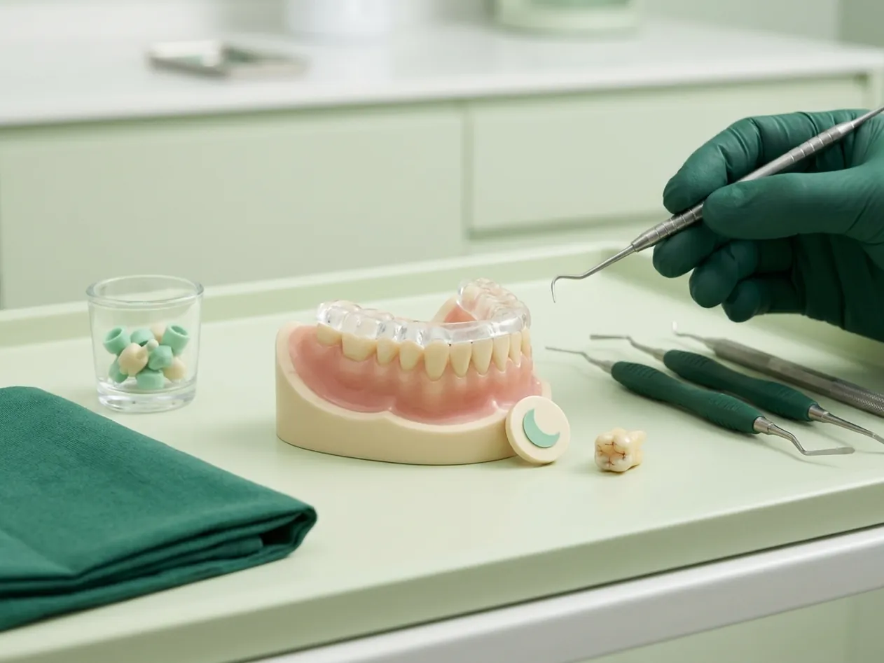 Render clinico del bite per il bruxismo: la placca sull'arcata superiore e il molare consumato