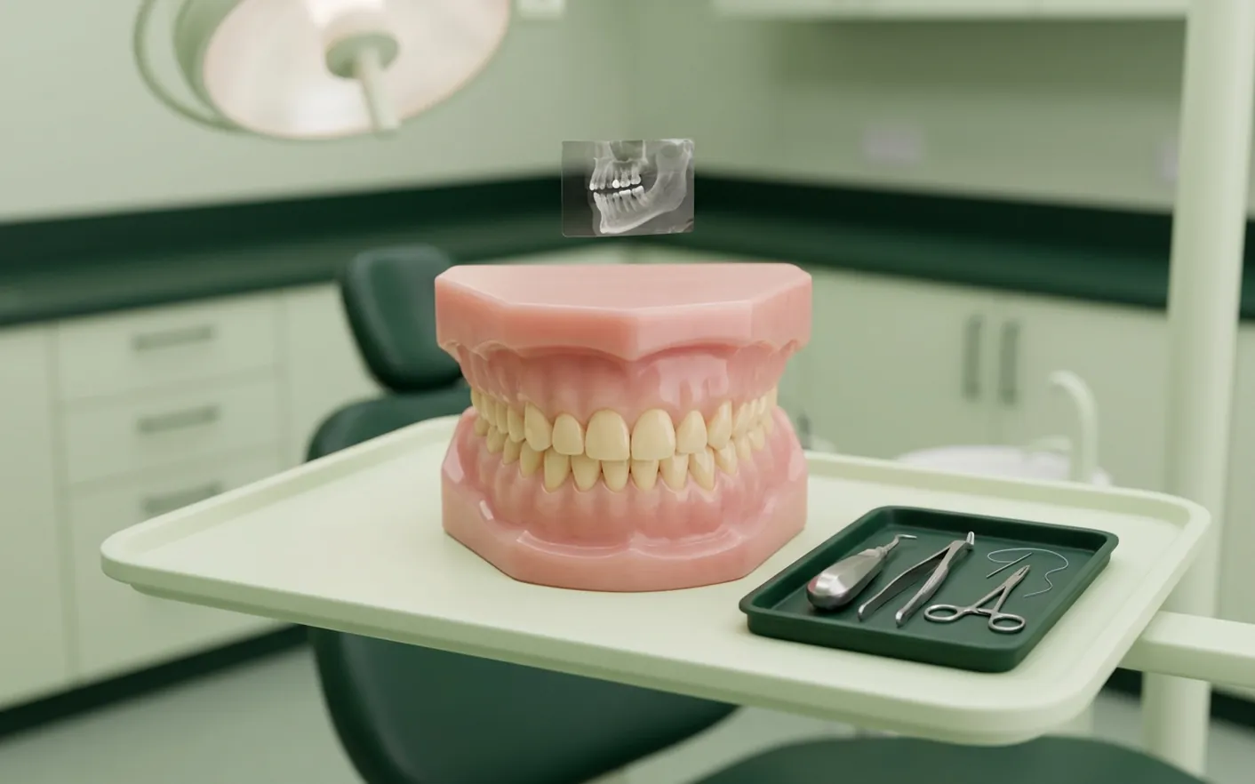 Render clinico della chirurgia orale: il vassoio con gli strumenti e la fetta di TAC accanto alla mascella