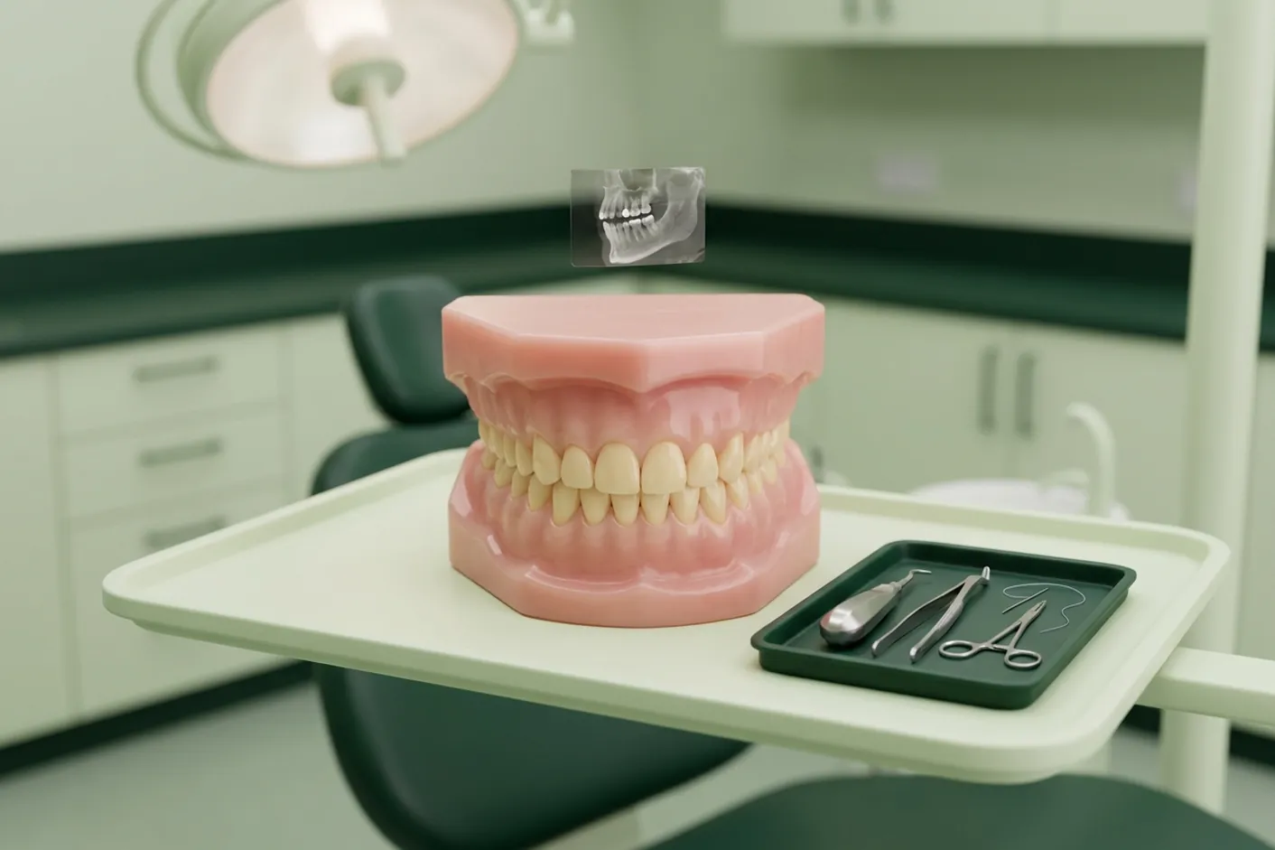 Render clinico della chirurgia orale: il vassoio con gli strumenti e la fetta di TAC accanto alla mascella