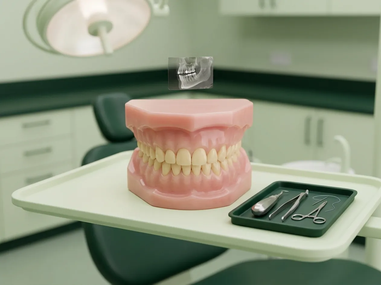 Render clinico della chirurgia orale: il vassoio con gli strumenti e la fetta di TAC accanto alla mascella