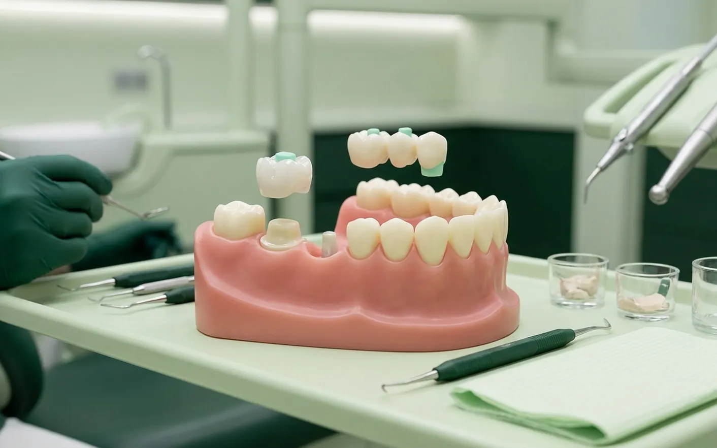 Render clinico di corone e ponti: il moncone con la corona sopra e il ponte sul vuoto