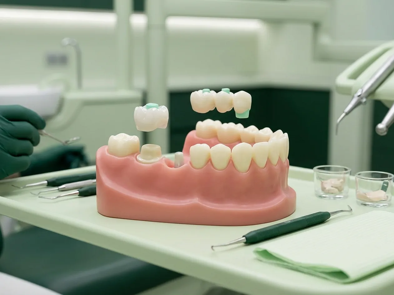 Render clinico di corone e ponti: il moncone con la corona sopra e il ponte sul vuoto