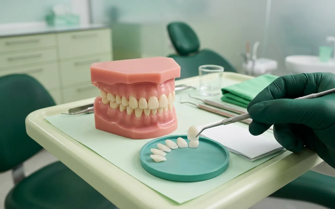 Render clinico del costo delle faccette: sei faccette a ventaglio sul vassoio, col preventivo